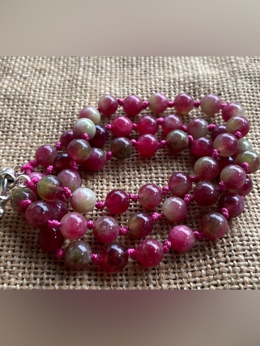 Natural Pink Tourmaline Crystal Stone Beads Knotted Necklace Handmade Am…